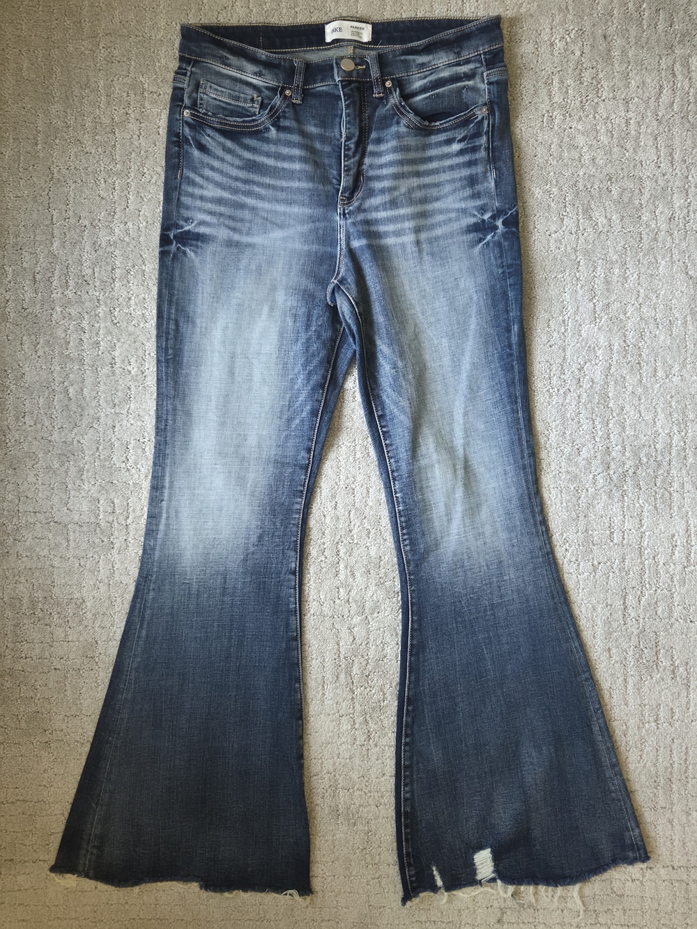 BKE Parker Super Flare Jeans High Rise Distressed Raw Hem Bell Bottoms 29 x 31.5